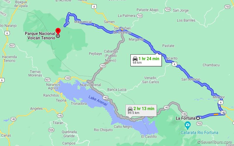 Route from downtown La Fortuna to Celeste River