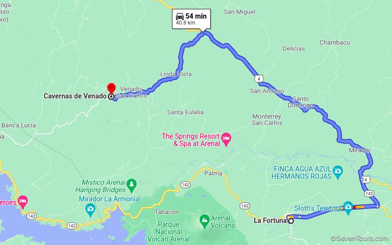 Route from downtown La Fortuna to Venado Caves