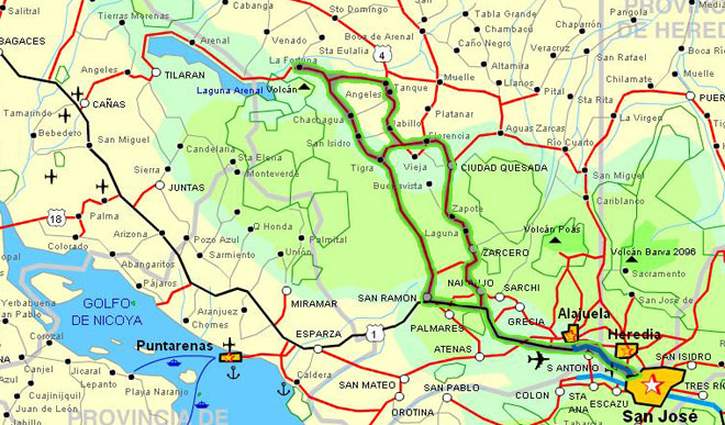 Mapa de San José a Arenal